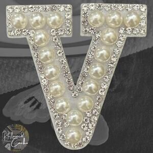 Letter V White Faux Pearl Iron On Patch